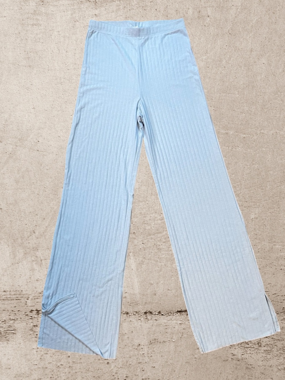 H&M Light Blue Ribbed Wide Leg Knit Lounge Pants Side Slit Size